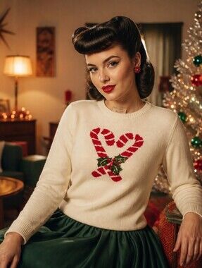 Kim Rogers Cream Sweater with Red Candy-Cane Heart Motif